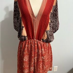 Charlotte Russe Red and Brown Patterned Romper XL